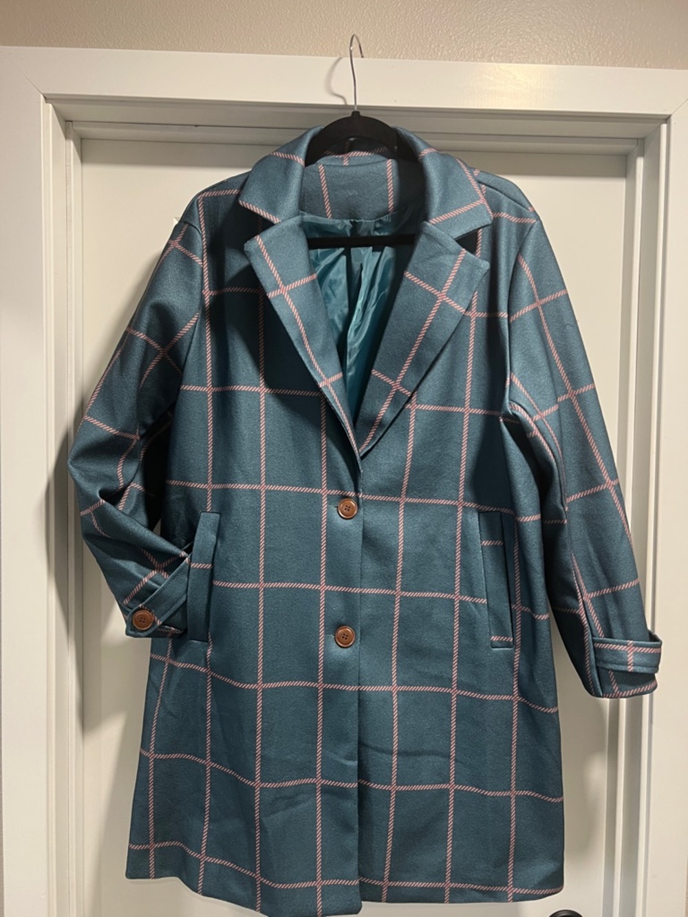 Women's Teal Windowpane Pea Coat withTaupe Trim Size Large NWOT
